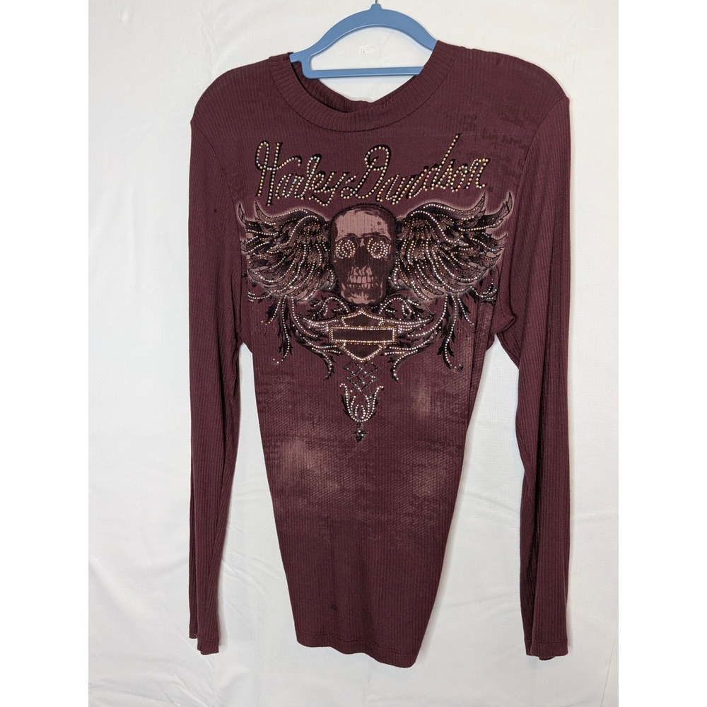 Harley-Davidson Womens Burgundy Rhinestone Winged Skull Lace Up Back L/S Shirt - Picture 7 of 15